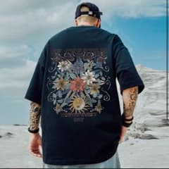 【大人気】　花　バックプリント　ストリート　半袖　黒　メンズ　XL　太陽のサムネイル
