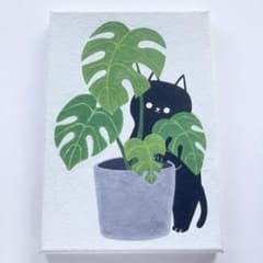 モンテスラ　観葉植物　黒猫　アクリル画　テクスチャーアート　原画のサムネイル