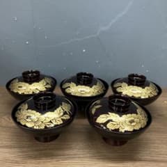 3F 伝統工芸士作 輪島塗 蓋付き吸物椀 5客セット 蒔絵 金彩 懐石料理 漆器 ②3F 伝統工芸士作 輪島塗 蓋付き吸物椀 5客セット 蒔絵 金彩 懐石料理