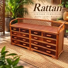 希少 ラタンテレビ台 籐家具 多段引き出し アジアンレトロ