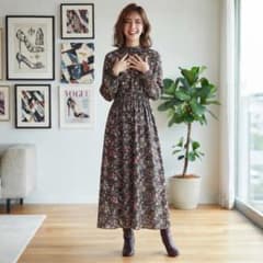 vis 花柄 ロングワンピース 長袖 シャーリングのサムネイル