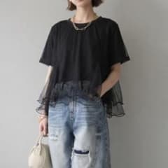 チュール ドッキング Tシャツ 半袖 ブラック ペプラム フリルのサムネイル