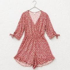 H&M 花柄 オールインワン カシュクール 赤白袖リボン 七分袖 レディース春夏