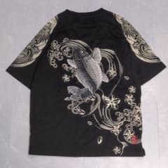 【巨大鯉】絡繰魂　刺繍　入れ墨風プリント　和柄　Tシャツ　半袖　y2k　L　黒のサムネイル