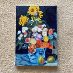 ルノワール　肉筆手描きの油絵模写画　陶器の花瓶と花のサムネイル