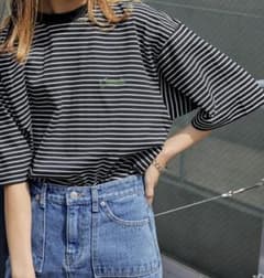 ワンポイント刺繍　リンガーボーダーTシャツ カットソーのサムネイル