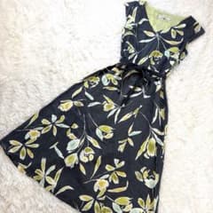 美品】ローラアシュレイ リネン混 ボタニカル柄ワンピース リボン