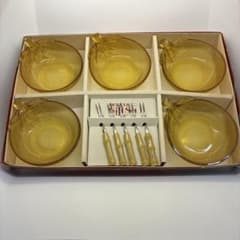 昭和レトロ なすアンバー小鉢セット 5客 フォーク付き 東洋ガラス 琥珀