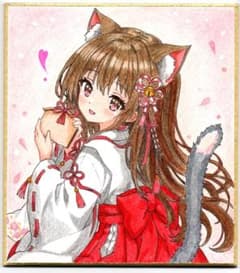 猫耳巫女、絵馬のお届け】手描きオリジナルイラスト 色紙 コピック