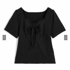 ドット柄レースギャザーリボンリブトップス［fo2393］ブラックのサムネイル