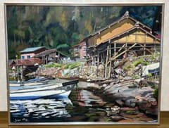 真作油彩画 肉筆画 風景画 【舟小屋と漁船】F50号 アルミ額縁 送料込