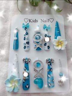 キッズネイルチップ ロング ブルー レオパ ハート おしゃれしたい日に♡のサムネイル