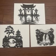 手描き 筆ペンアート 日本の風景 3枚セット（神社 鳥居 寺院 滝）のサムネイル
