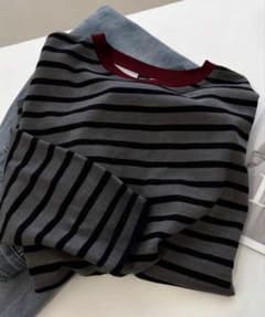 SHEIN ボーダー 長袖カットソー グレー×ブラックのサムネイル
