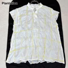Plantation リネン混ブラウス 板締めプリント 製品洗い 格子柄 白×黄 