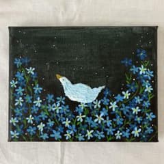 手描きキャンバスアート 青い鳥と花 アクリル画 原画 テクスチャー
