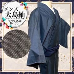 メンズ 着物 大島紬 袷仕立て 亀甲 細かい模様 濃紺色 着物男子 昭和レトロ