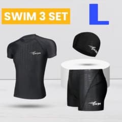 [Brand New] Men's Swimwear 3-Piece Set: Competitive Swim Trunks, Short-Sleeve Rush Guard, and Cap (Size L)