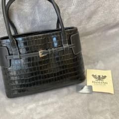 美品 HAMANO 濱野皮革工藝 クロコ型押し レザー ブラック ハンドバッグ