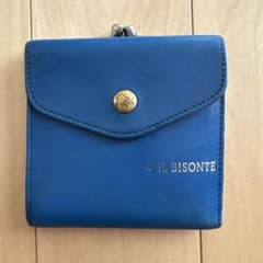 【IL BISONTE】がま口 二つ折り財布 金ボタン ブルー　革 青のサムネイル