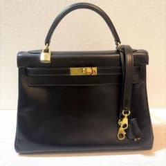 美品/鑑定済】エルメス ケリー32 内縫い ボックスカーフ 黒 〇X刻印 