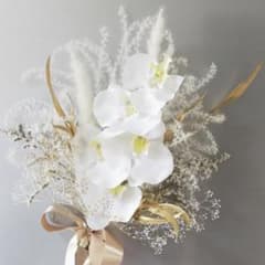 ウェディングブーケ・和装ブーケ(ブートニア付き)造花 胡蝶蘭 ホワイト ゴールドのサムネイル