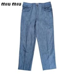 【美品】MIUMIU ロゴパッチ フリル ライトブルー パンツ