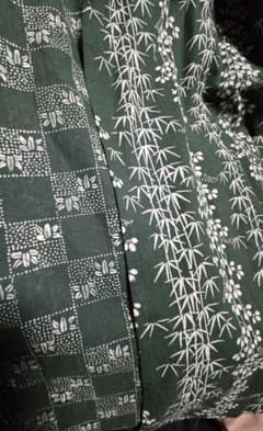 値下断行。日本橋竺仙 超レア 籠染 両面柄 竹×萩 良柄深緑 バチ襟