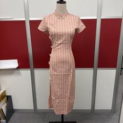 チャイナドレス ピンク ストライプ柄 半袖 スタンドカラー