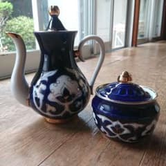 ウズベキスタン製 ティーポット&シュガーポット 綿花 リシタン陶器 