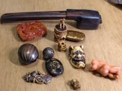 猿彫刻 古美術品 骨董品時代提げ物 煙草入れ 煙管 筒 根付 緒締め