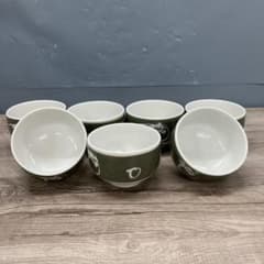 3F 湯呑み 7客セット 緑 釉薬 文字模様 和食器 古道具 ビンテージ