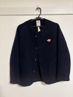 美品 DANTON ライトパイルウールモッサ ノーカラージャケット ネイビー