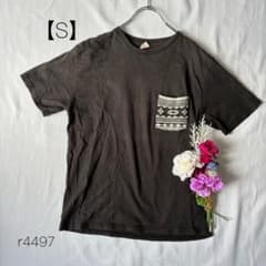 カジュアルTシャツ　アステカ柄ポケット　民族調　綿100% 黒　【S】