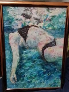 in the pool プール A4　額縁つき 油絵のサムネイル