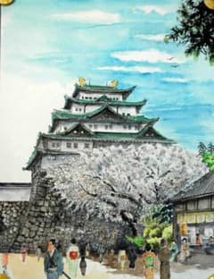 浮世絵風な水彩画　桜咲く名古屋城 浮世絵風な水彩画 桜咲く名古屋城 - メルカリ