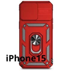 iPhone15 耐衝撃 ハイブリッド型 スマホ ケース 赤 スライド リングのサムネイル