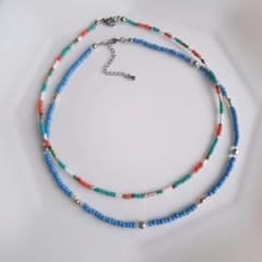 No.474 ビーズネックレス ハンドメイド 2点セット ブルー青 マルチ