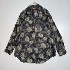 オープンカラーシャツ 幾何学模様 ダークトーン 長袖 シャツ メンズ 古着