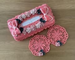 322 大きなリボンと薔薇のボックスティッシュカバー ミニドイリー2枚