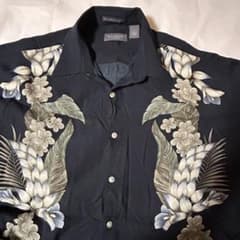 VAN HEUSEN アロハシャツ L レーヨン 花柄 黒ハワイアン半袖 大きめ