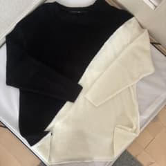 未使用　No ID. ビキューレラムパイルバイカラー　ニット　黒×白のサムネイル
