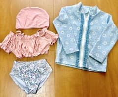 100cm女の子 水着 3点セット 花柄 ラッシュガード ビキニ スイムキャップのサムネイル