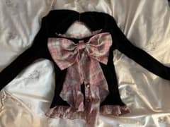 リボン付き長袖トップス ブラック/ピンクチェックのサムネイル