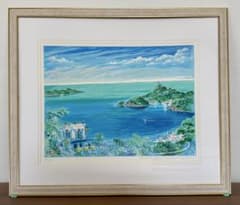 平野琳人「黄色いテーブルクロス」版画 海景 風景画額装 装飾画 #382-2 平野琳人「黄色いテーブルクロス」版画 海景 風景画額装 装飾画 #382-2