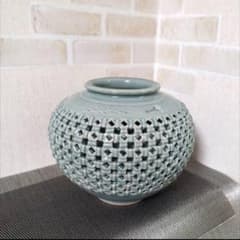 10日までGWセール！高麗青磁 芸元 透かし彫り 陶器 壺 花瓶 花器