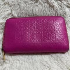 LOEWE レザー リピートアナグラム ラウンドファスナー 長財布 ピンク