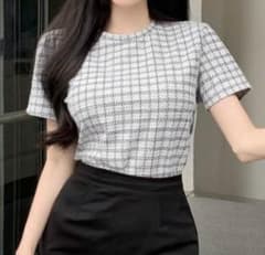 チェック柄　半袖　Tシャツ　カットソー　Dazy Sサイズ　ライトグレーのサムネイル