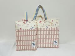 Thumbnail of バラ売り可【裏地付き】入園入学2点セット　リボン　花柄　鳩　北欧風　くすみピンク