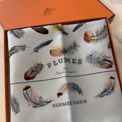 や*や様 HERMES カレ90 PLUMES羽根デザイン シルクスカーフ　クリ 新品未使用】HERMÈS カレ90 羽 プリュム シルク100%スカーフ - メルカリ